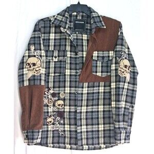 Reason Mens M Plaid Skull Flannel OverShirt Blue Brown Skater Streetwear Grunge